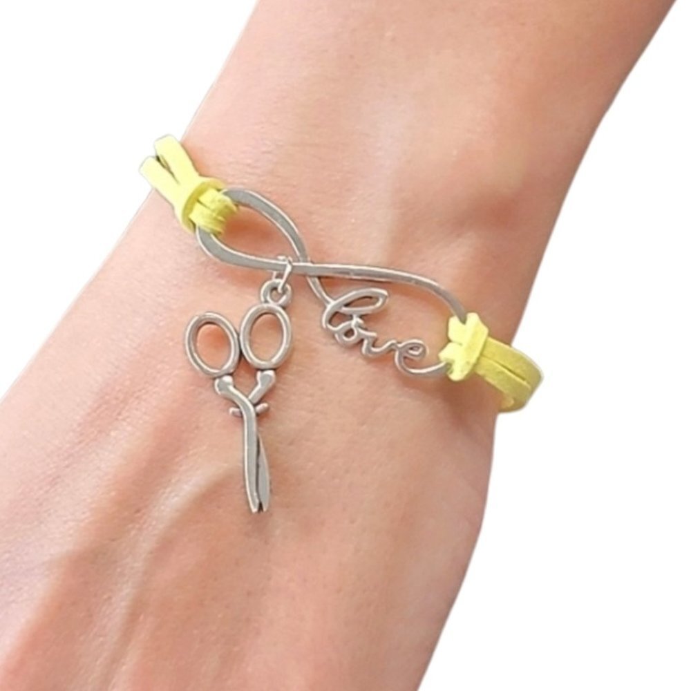 3/$20 Boutique Hair Dresser Bracelet Scissors Love Infinity Yellow Suede Jewelry